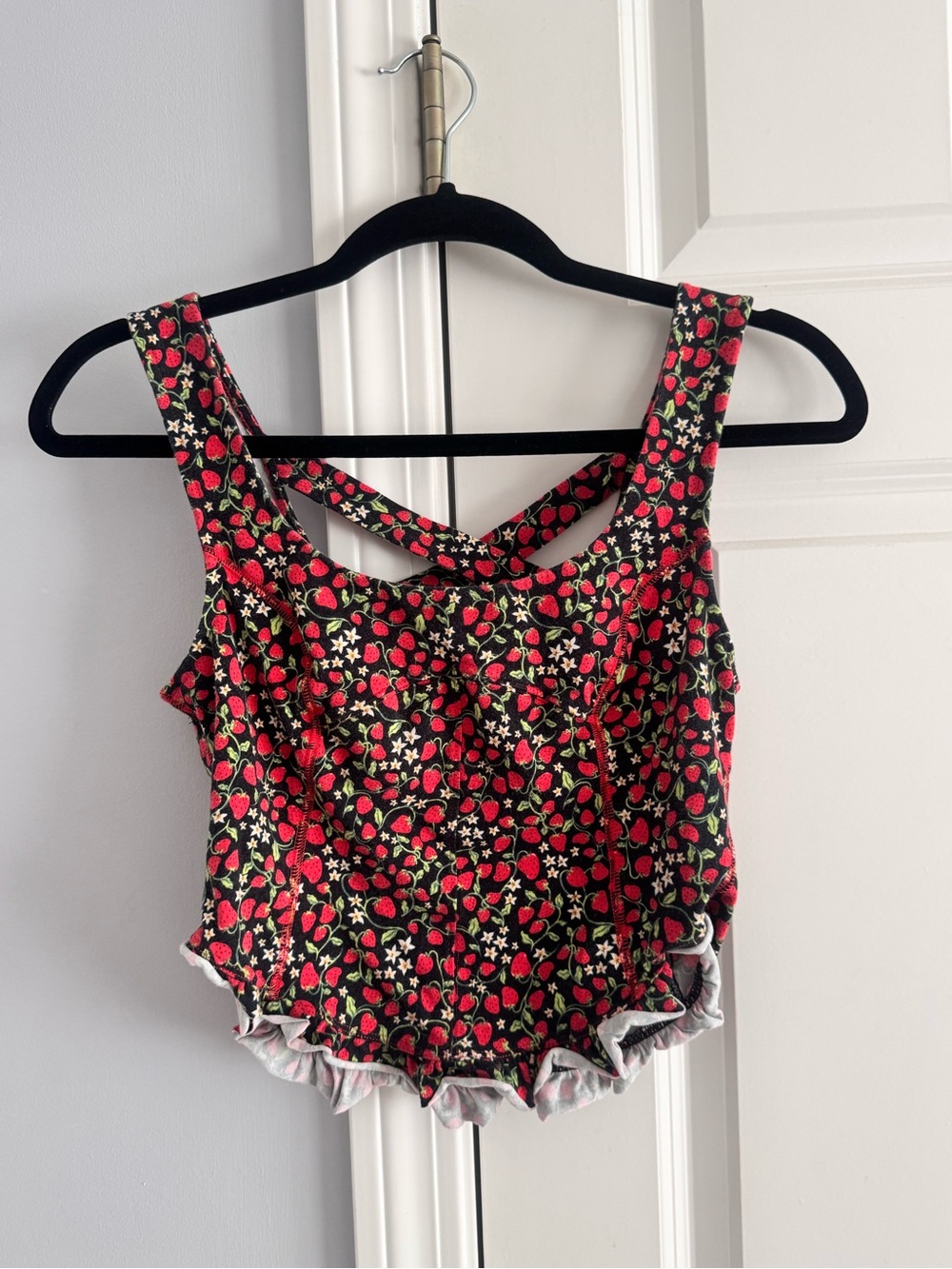Free People Black Strawberry-Print Ruffle Hem Bodysuit